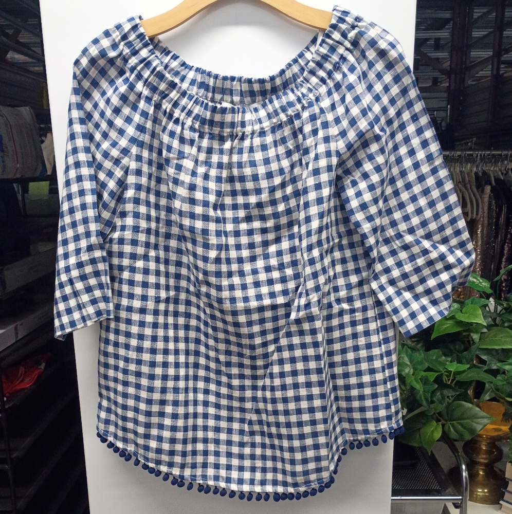 Sara Campbell Blue and White Gingham Blouse - Picture 1 of 6